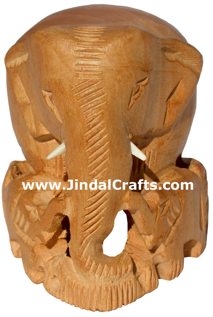 Hand Carved Wooden Elephant Family India Artifacts Art Handicraft Natural Finish