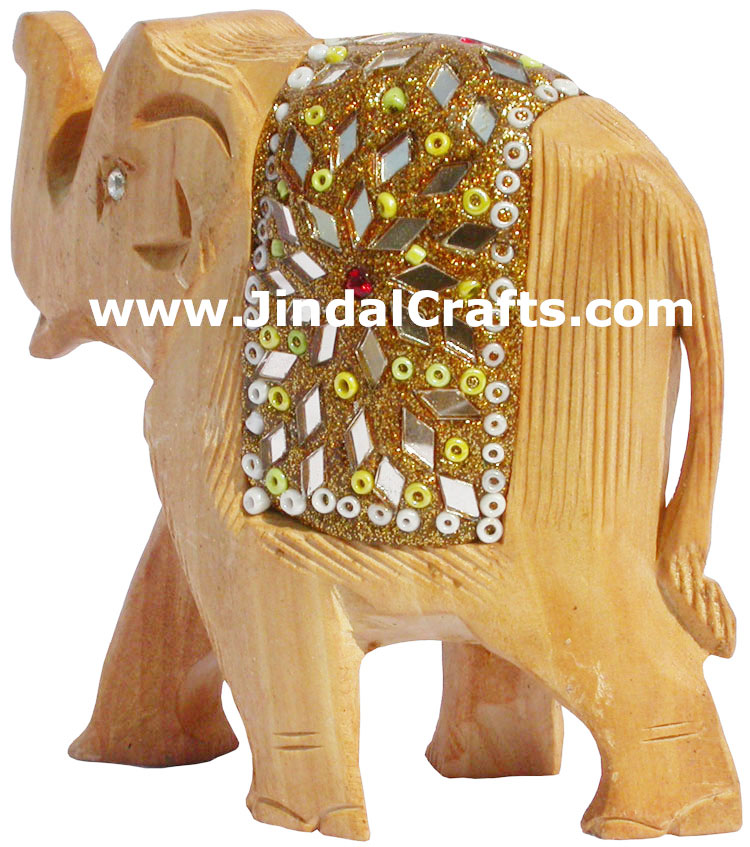 Hand Carved Wooden Lac Elephant India Artifacts Arts