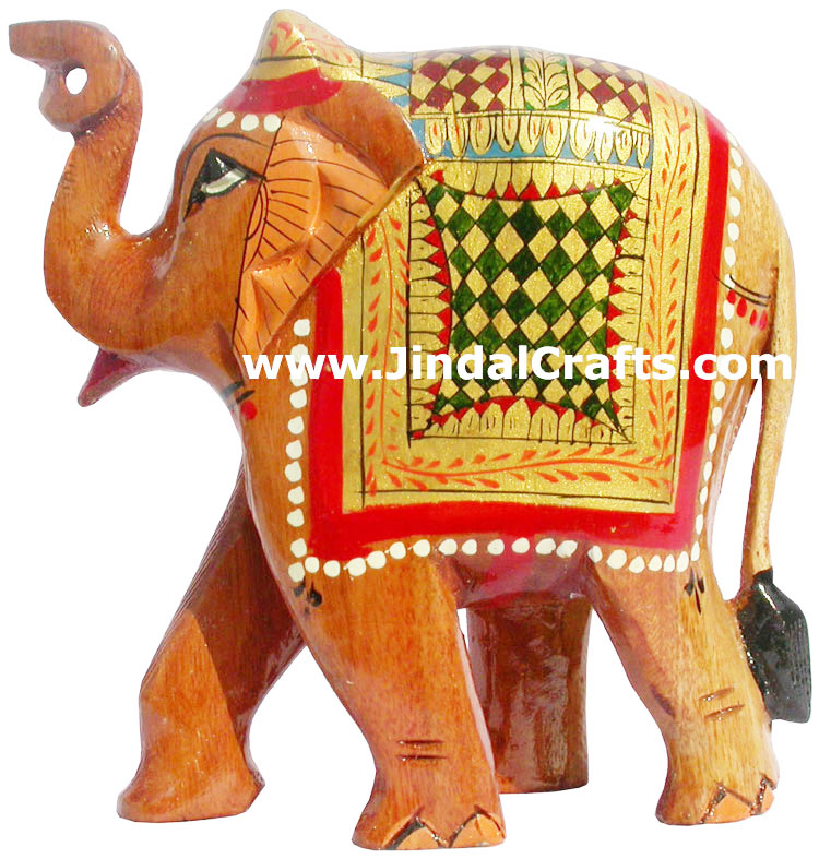 Hand Carved Wooden Painted Elephant India Artifacts Art