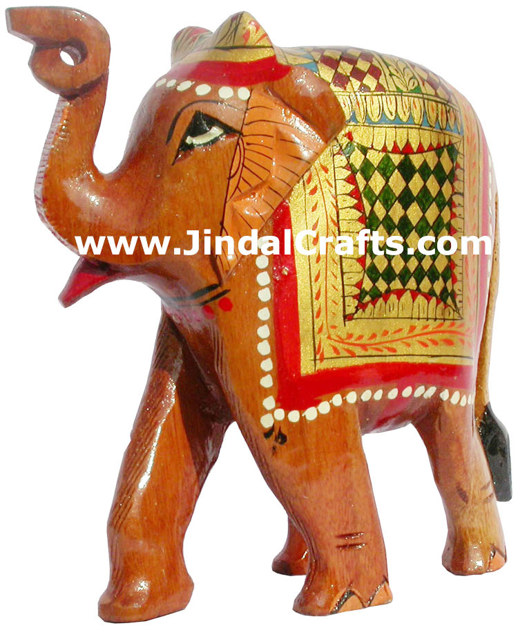Hand Carved Wooden Painted Elephant India Artifacts Art