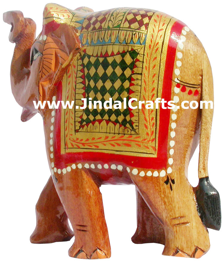 Hand Carved Wooden Painted Elephant India Artifacts Art