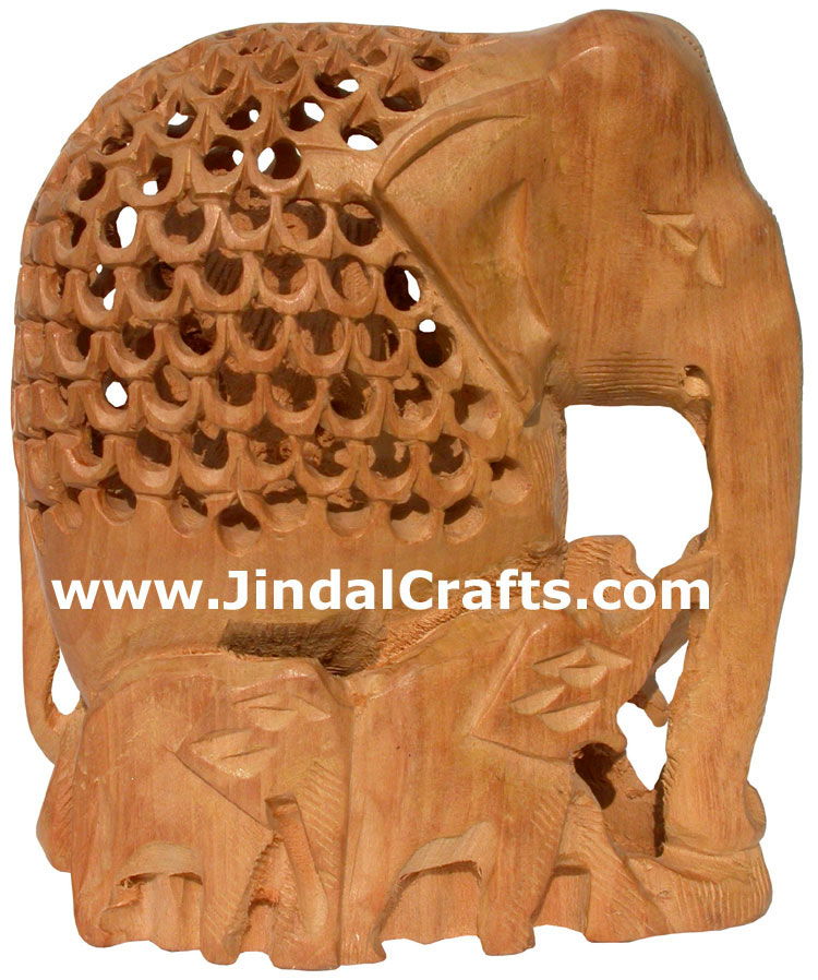 Hand Carved Wooden Elephant Family India Artifacts Art Hollow Carving Handicraft