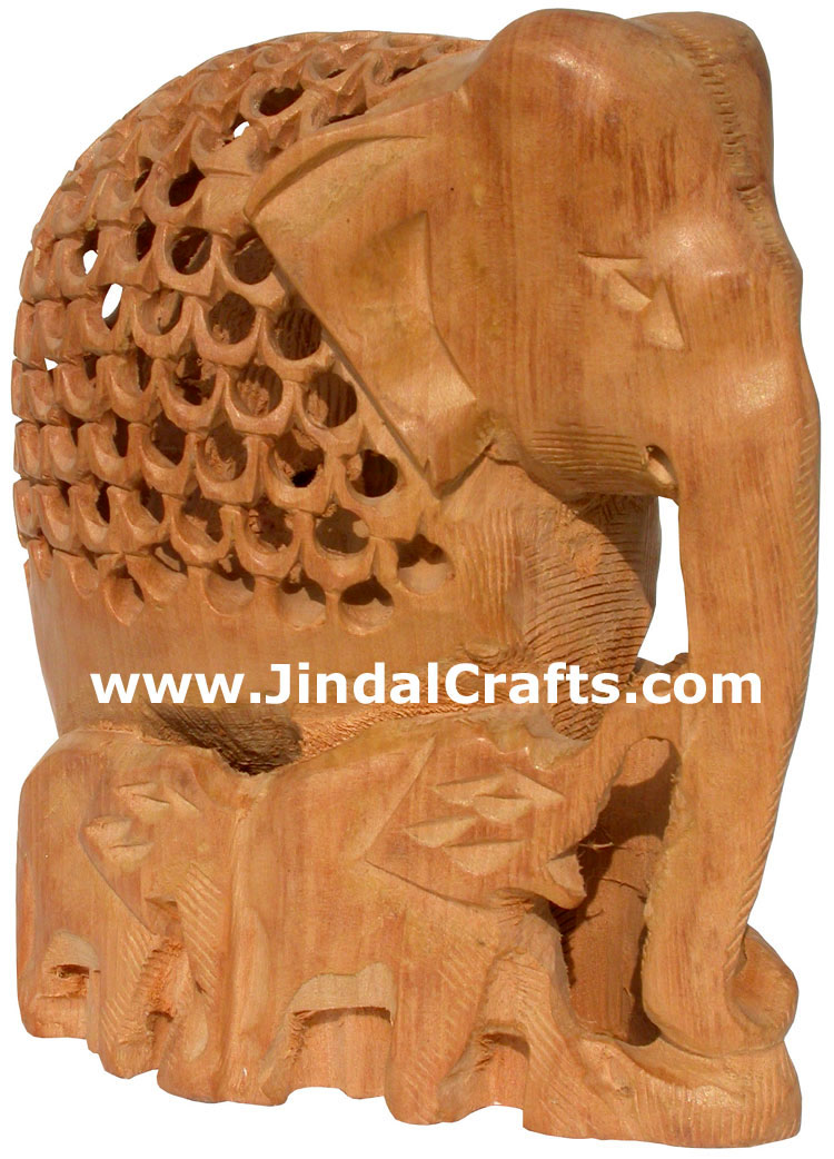Hand Carved Wooden Elephant Family India Artifacts Art Hollow Carving Handicraft