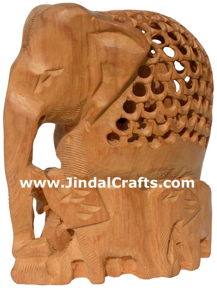 Hand Carved Wooden Elephant Family India Artifacts Art Hollow Carving Handicraft