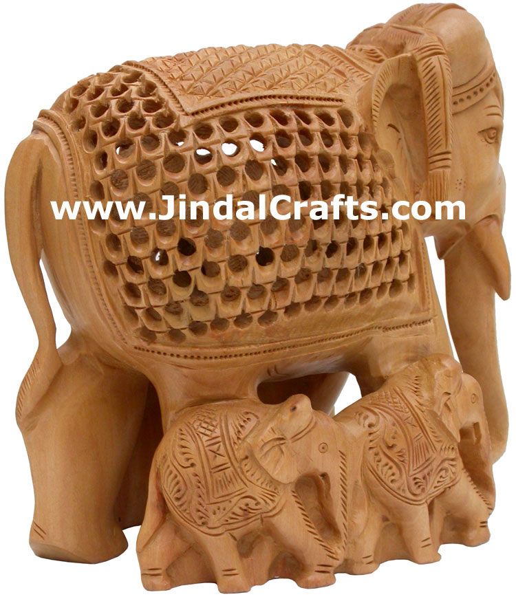 Set of Baby Elephants - Hand Carved Wooden Animals Art
