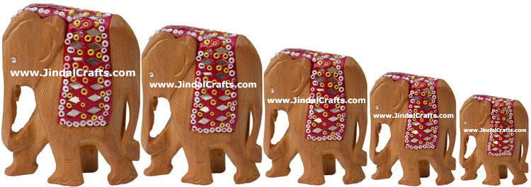 Set of 5 Elephants - Hand Carved Wooden Lac Animals Art