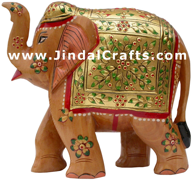 Elephant - Gold Painted Hand Carved Wooden Elephant Art