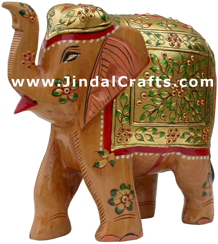 Elephant - Gold Painted Hand Carved Wooden Elephant Art