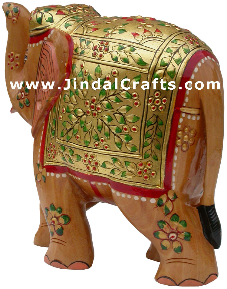 Elephant - Gold Painted Hand Carved Wooden Elephant Art