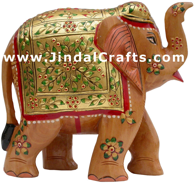 Elephant - Gold Painted Hand Carved Wooden Elephant Art