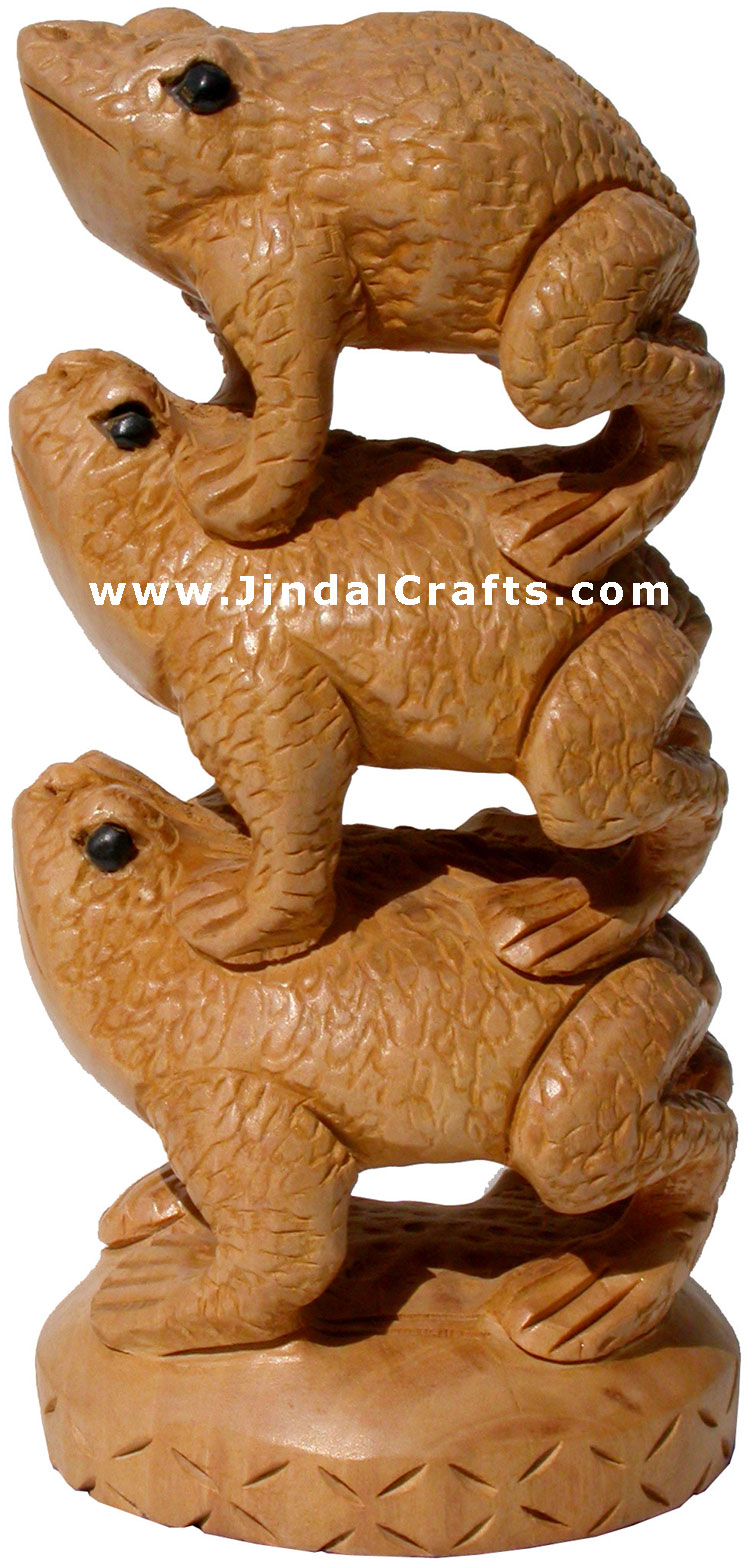 Wooden Frog Feng Shui Tower - Hand Carved Indian Artifacts Statues Lucky Idol