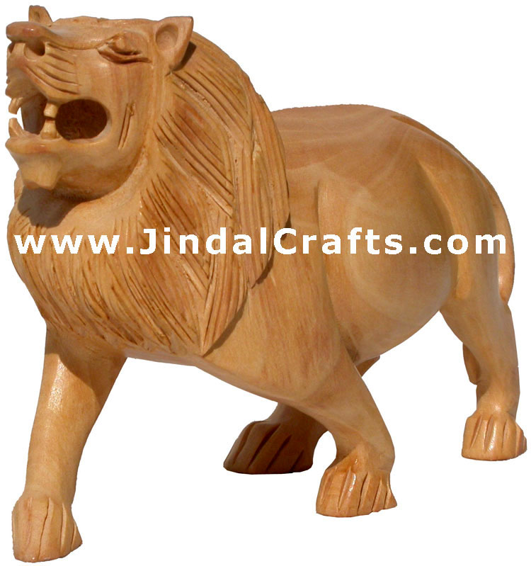 Pair of 2 wooden Lions - Hand Carved Indian Statue Art
