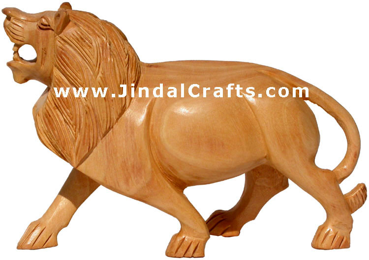 Pair of 2 wooden Lions - Hand Carved Indian Statue Art