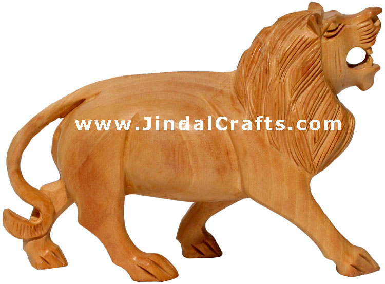 Pair of 2 wooden Lions - Hand Carved Indian Statue Art
