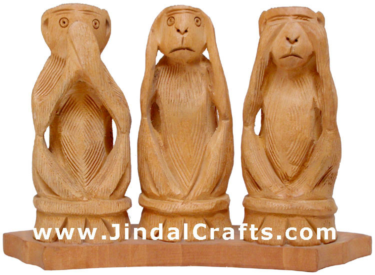 3 Wise Monkeys - Handcarved Wooden Figures India Arts