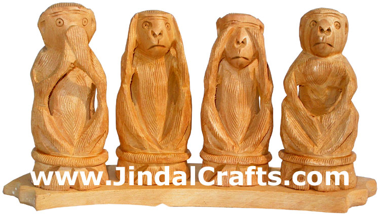 Hand Carved Set of Monkeys Mahatma Gandhi India Arts