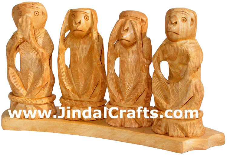 Hand Carved Set of Monkeys Mahatma Gandhi India Arts