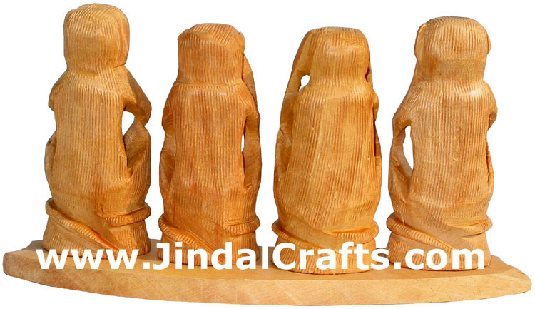 Hand Carved Set of Monkeys Mahatma Gandhi India Arts