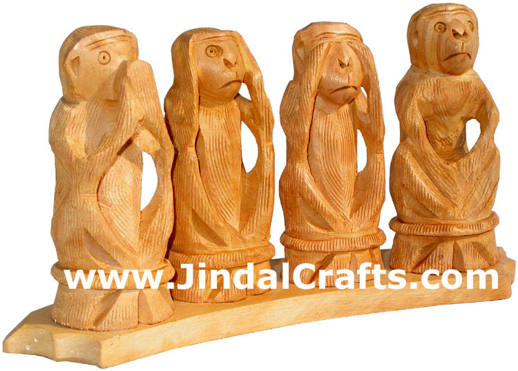 Hand Carved Set of Monkeys Mahatma Gandhi India Arts