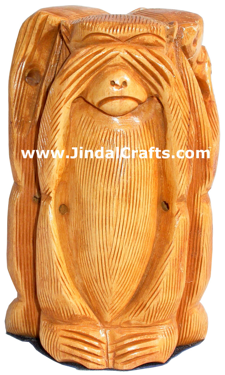 Hand Carved Set of Monkeys Mahatma Gandhi India Arts