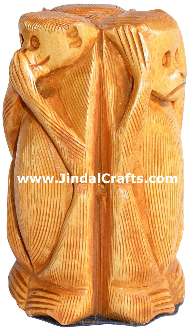 Hand Carved Set of Monkeys Mahatma Gandhi India Arts