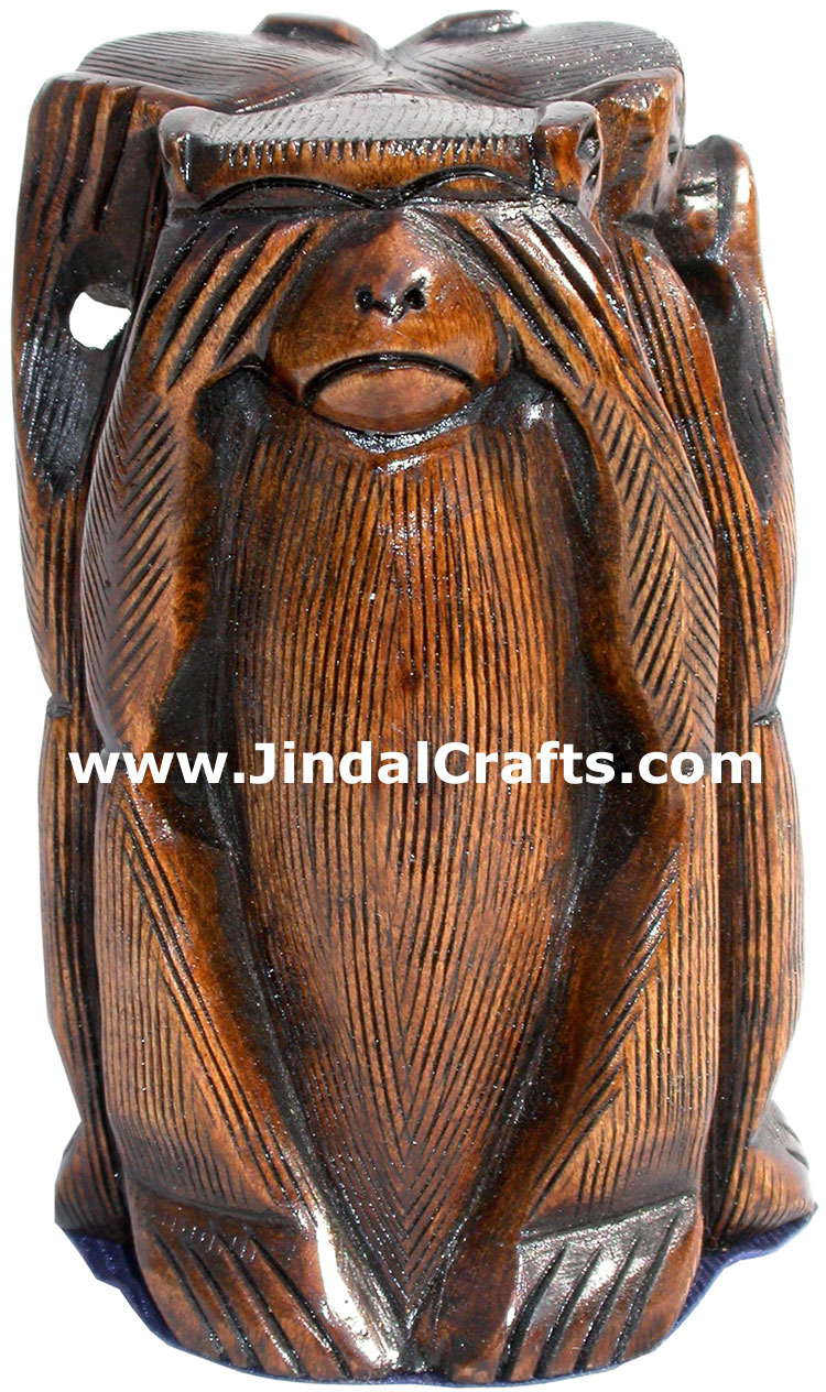 Hand Carved Set of Monkeys Mahatma Gandhi India Arts