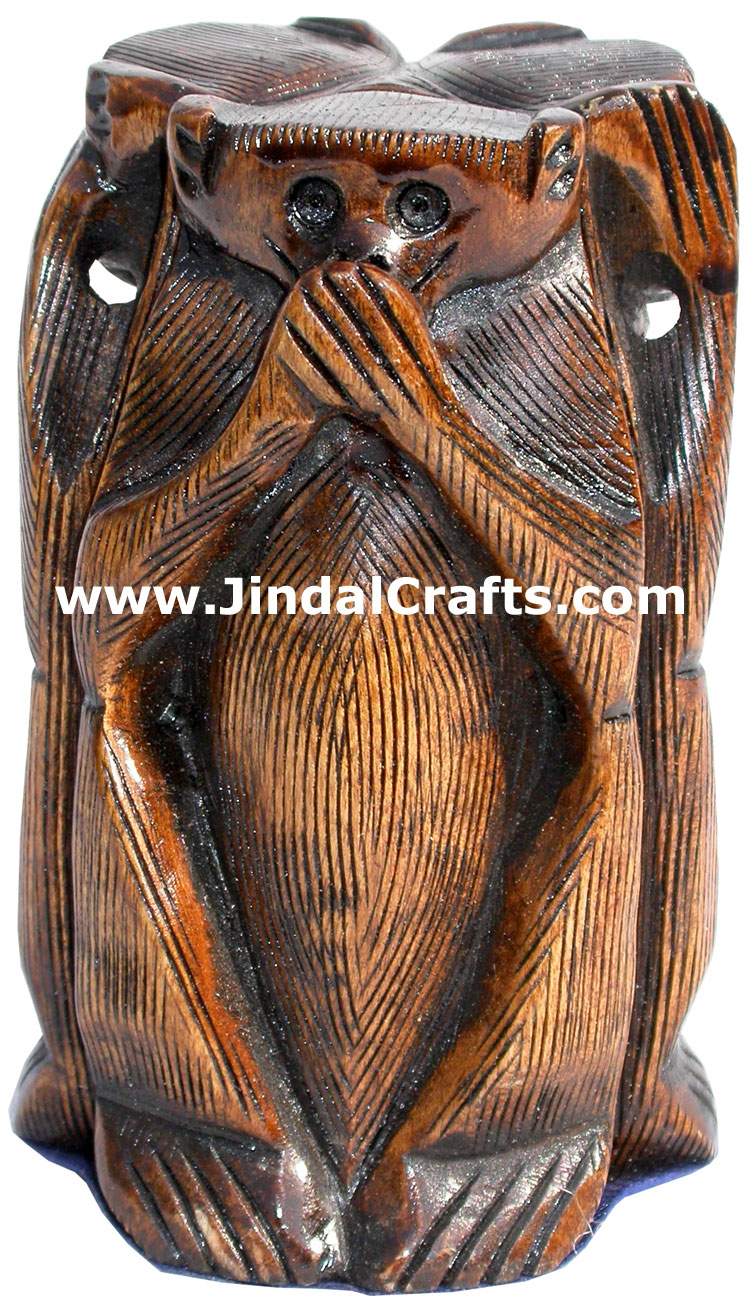 Hand Carved Set of Monkeys Mahatma Gandhi India Arts