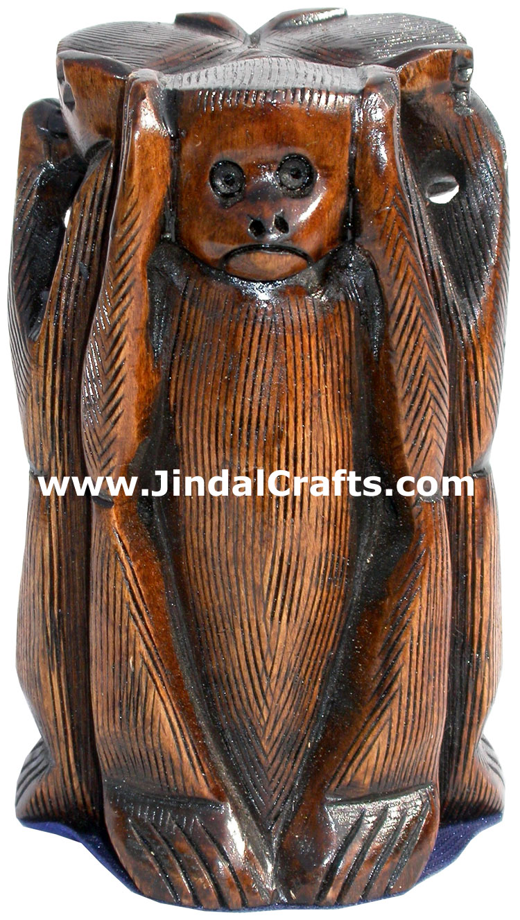 Hand Carved Set of Monkeys Mahatma Gandhi India Arts