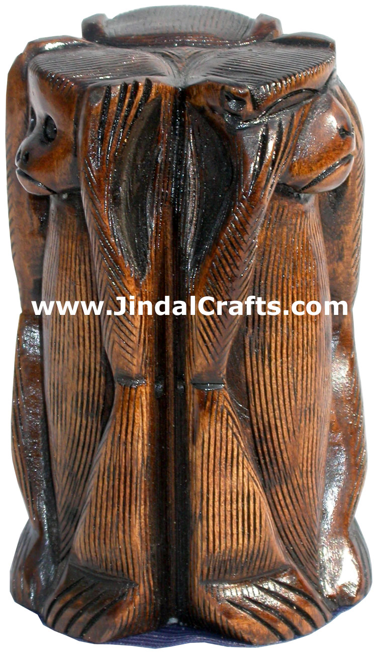 Hand Carved Set of Monkeys Mahatma Gandhi India Arts