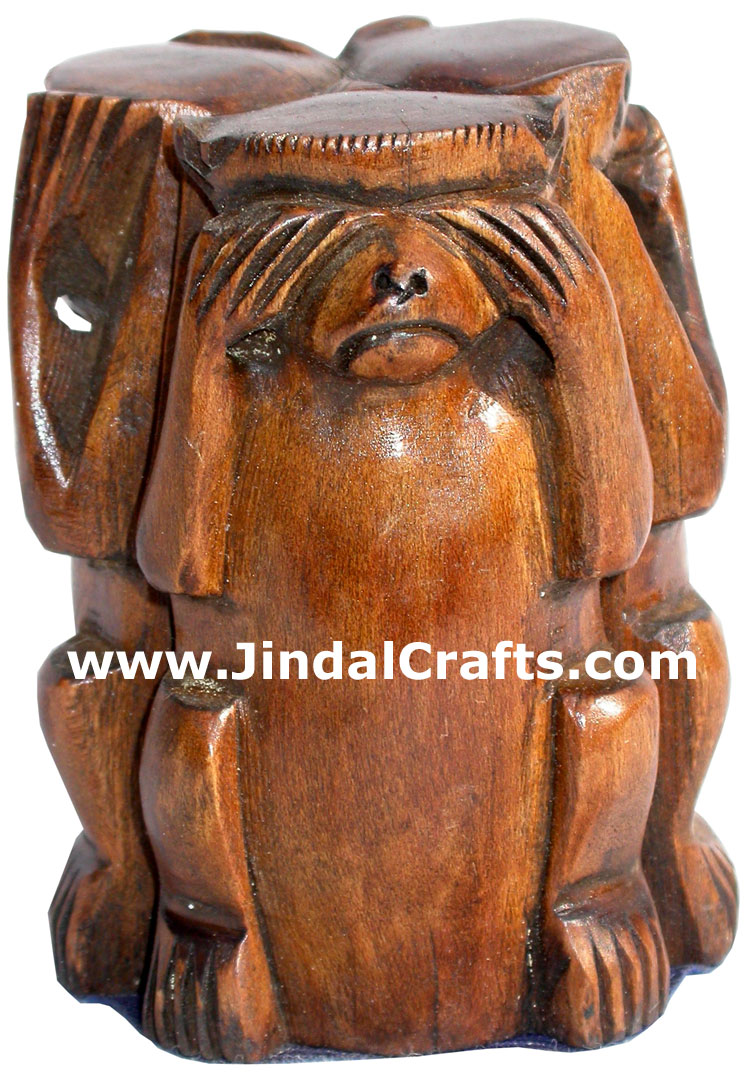 Hand Carved Set of Monkeys Mahatma Gandhi India Arts