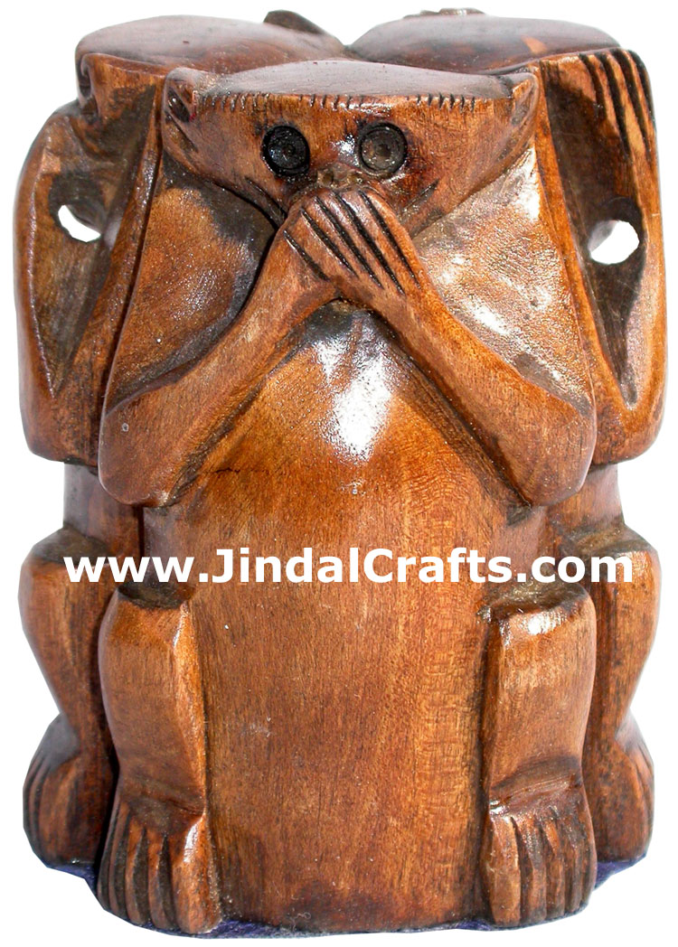 Hand Carved Set of Monkeys Mahatma Gandhi India Arts