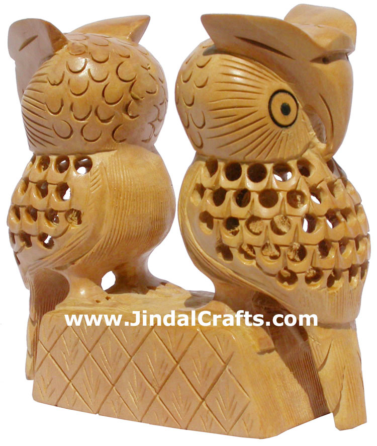 Handmade Wood Sculpture Owl Pair Figurine Indian Art Statues Figurine Home Decor