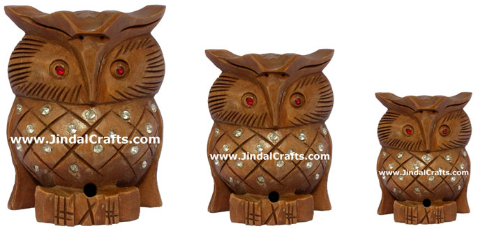 Set of 3 Handmade Star Owl Figures India Wood Carving