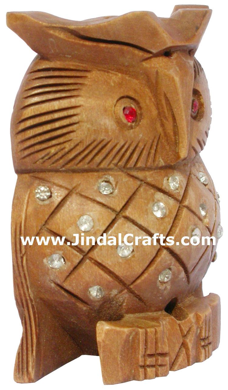 Set of 3 Handmade Star Owl Figures India Wood Carving