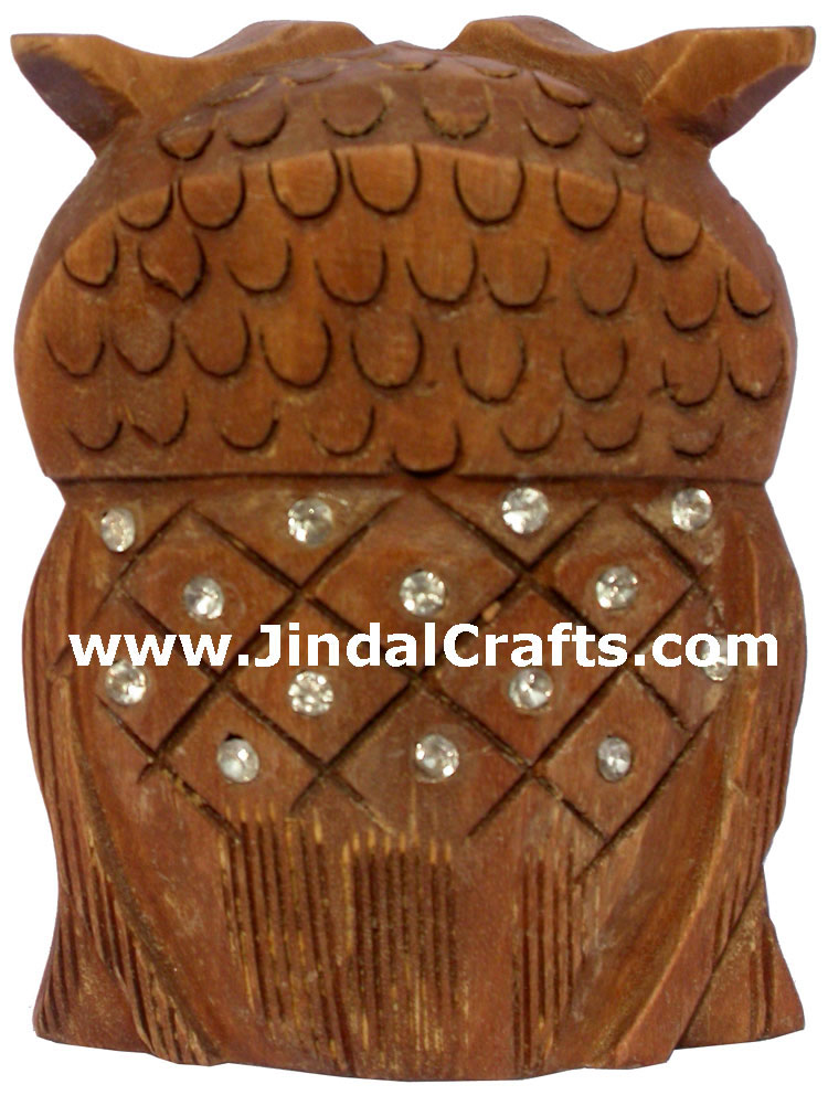 Set of 3 Handmade Star Owl Figures India Wood Carving
