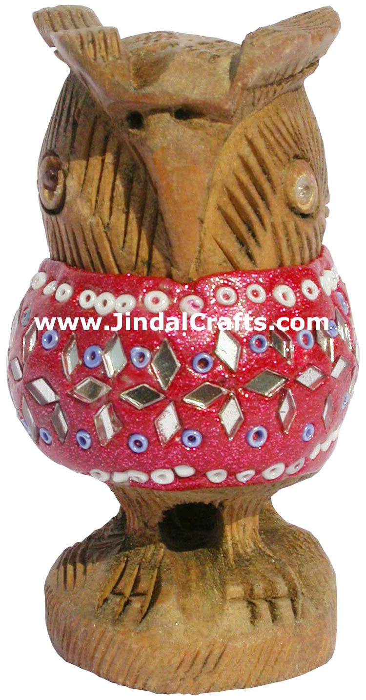 Kadam Wood Hand Carved Owl with Lac Work India Artifact