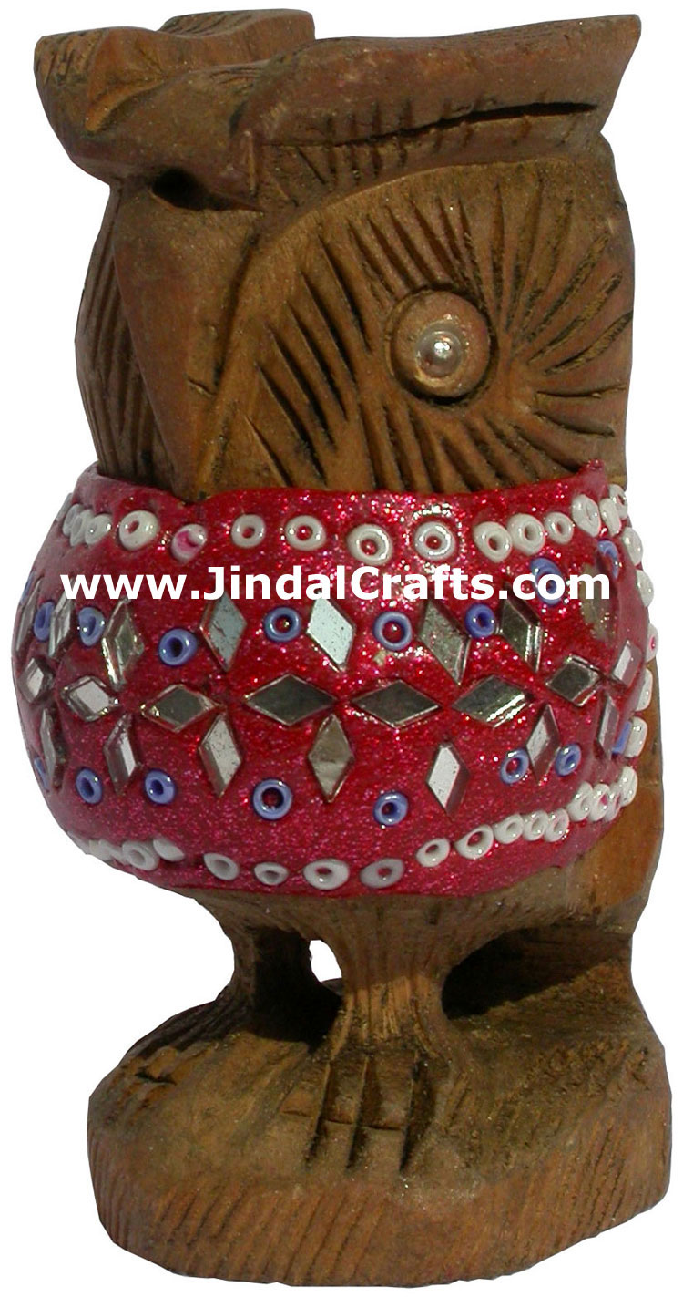 Kadam Wood Hand Carved Owl with Lac Work India Artifact