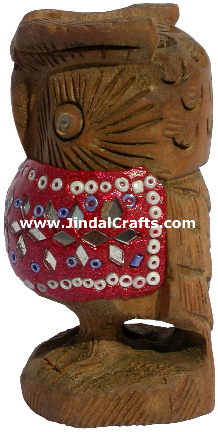 Kadam Wood Hand Carved Owl with Lac Work India Artifact