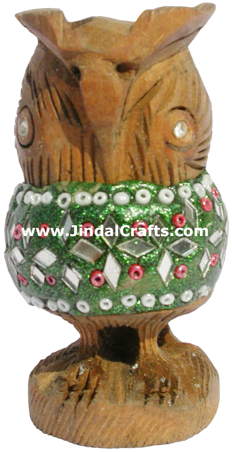 Kadam Wood Hand Carved Owl with Lac Work India Artifact