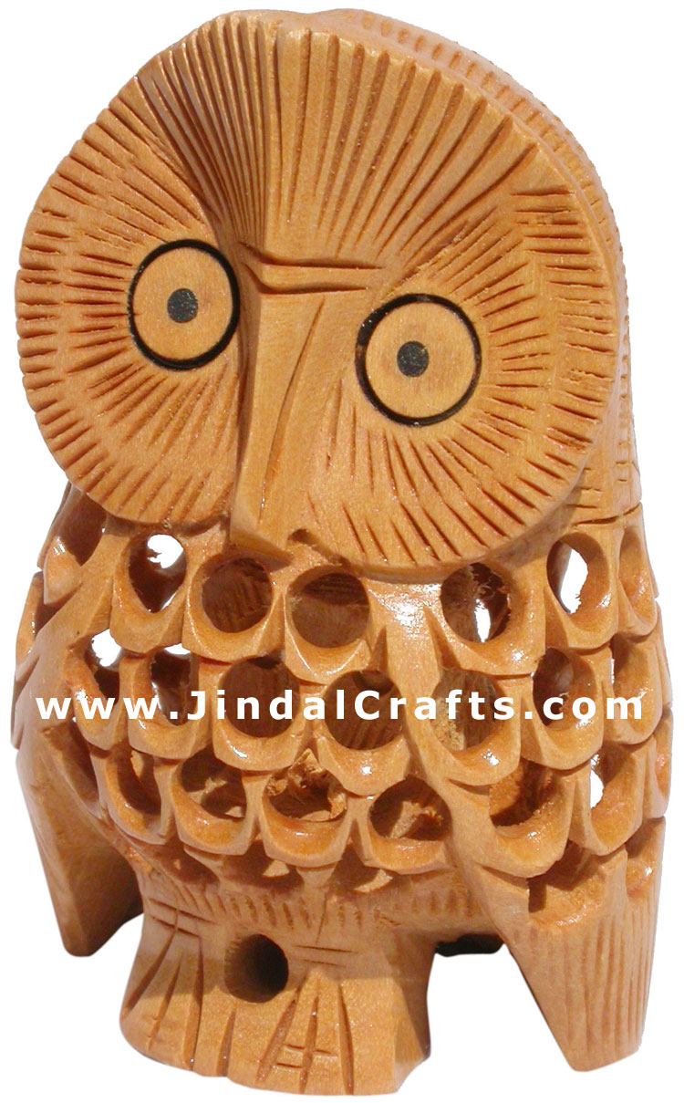 Set of 5 Owls Handcarved Wooden Bird Figures India Art Hollow Jalli Engraving
