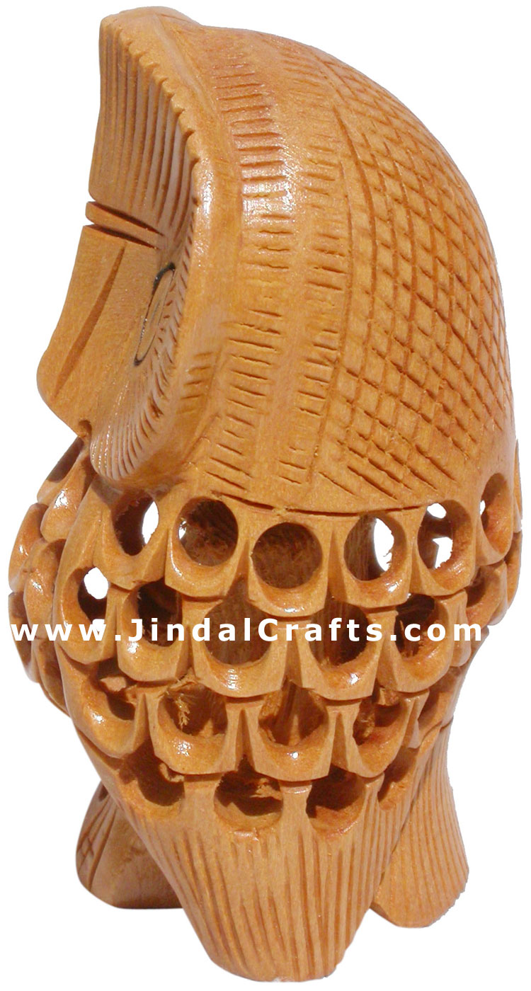 Set of 5 Owls Handcarved Wooden Bird Figures India Art Hollow Jalli Engraving