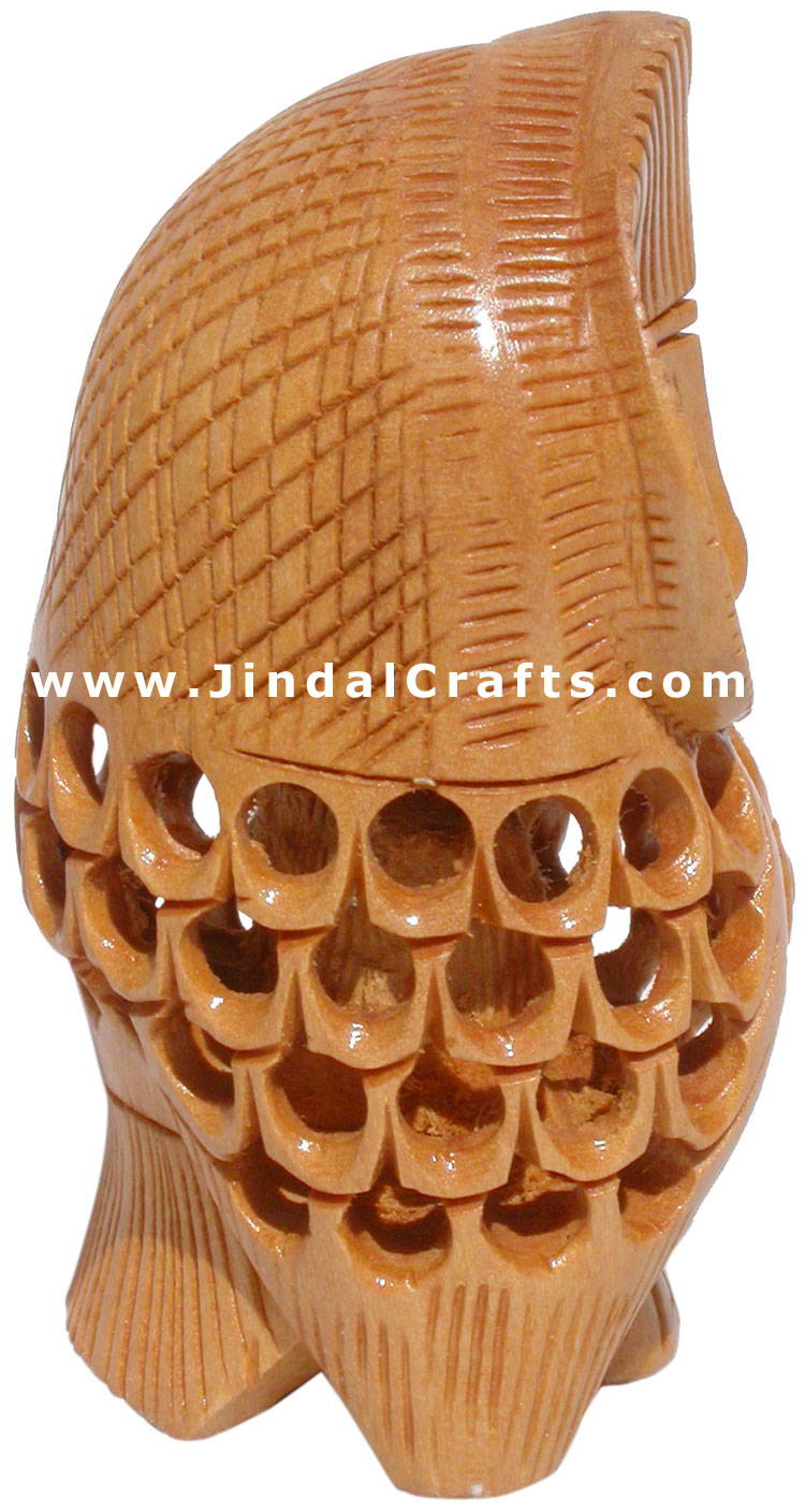 Set of 5 Owls Handcarved Wooden Bird Figures India Art Hollow Jalli Engraving