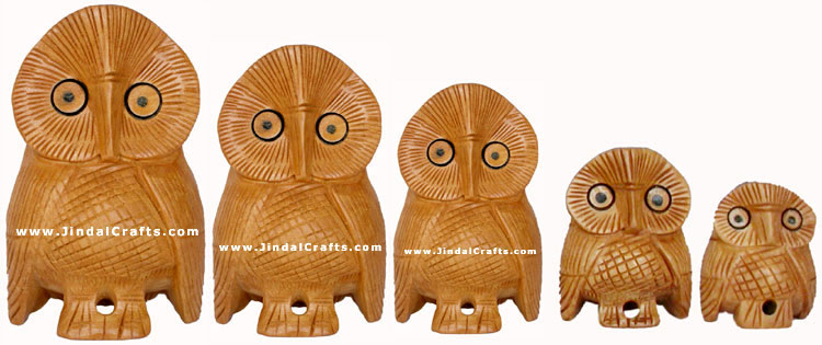 SET OF 5 OWLS HANDCARVED WOODEN BIRD FIGURES INDIA ART ENGRAVING Home Decor Arts