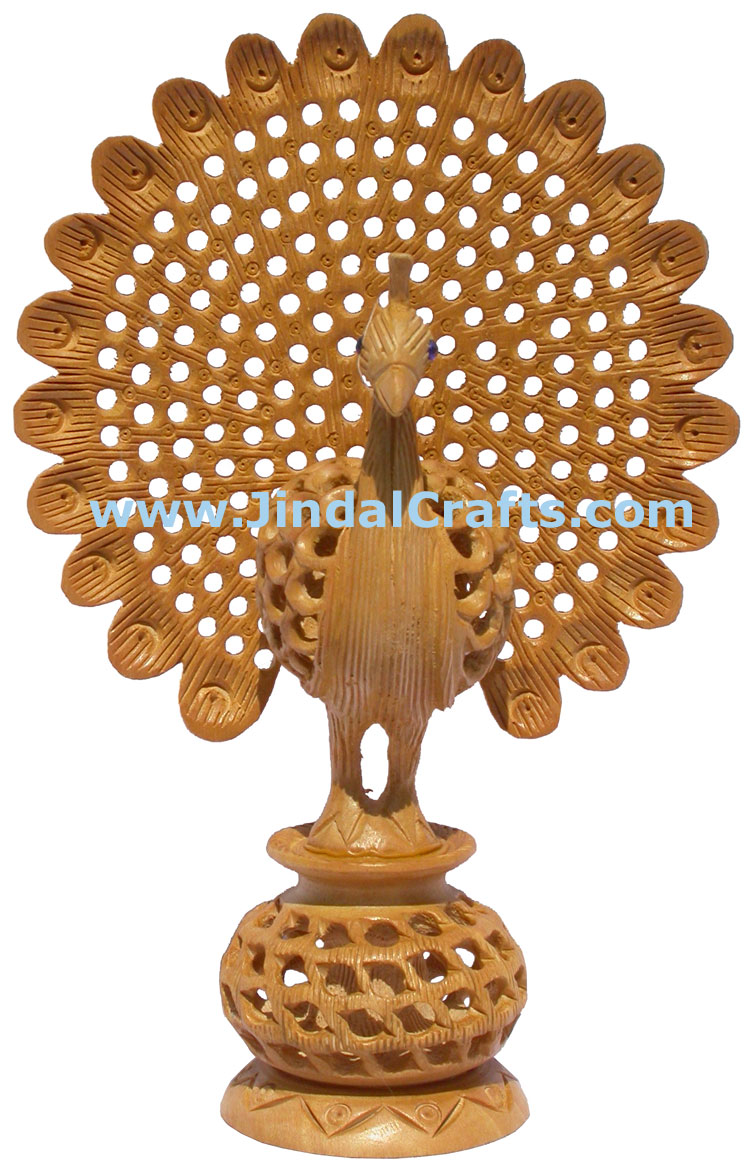Hand Carved Wooden Sculpture Dancing Hollow Peacock India Artifact Bird Statues
