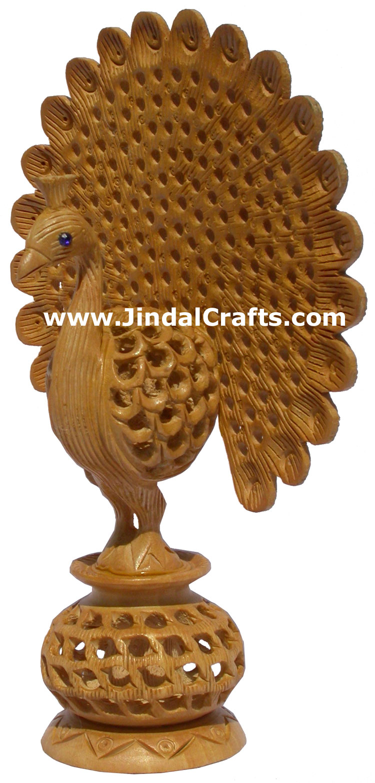 Hand Carved Wooden Sculpture Dancing Hollow Peacock India Artifact Bird Statues