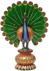 Peacock - Hand Carved Hand Painted Wooden Bird Figure Indian Handicrafts Gift