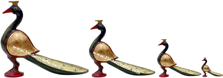Set of 4 Peacocks - Gold Painted by hand, Wooden Carved