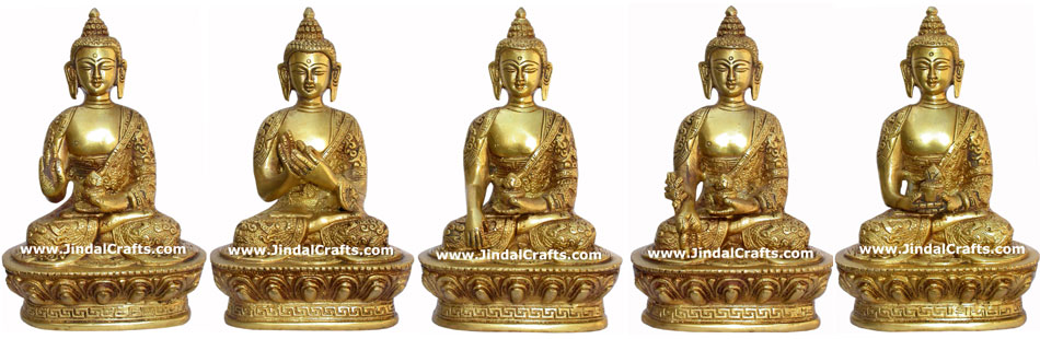 Set of 5 Buddha Figures in different postures Tibetan Brass Sculpture India Idol