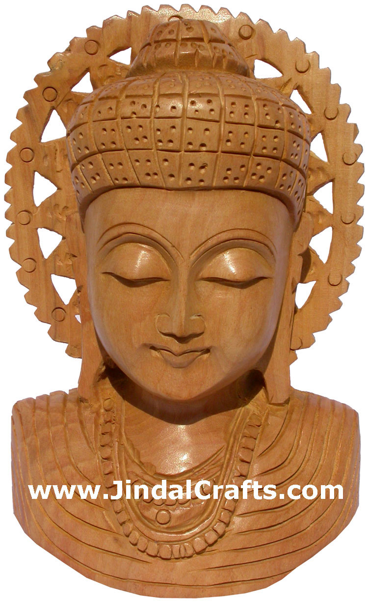 Wood Sculpture Handmade Buddha Bust Statuette India Art Handicrafts Buddhism Art