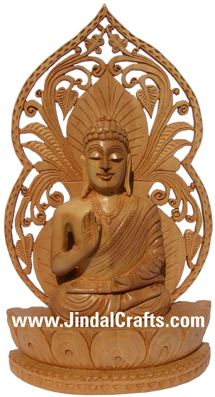 Handmade Wooden Carved Buddha Statue Indian Carving Art